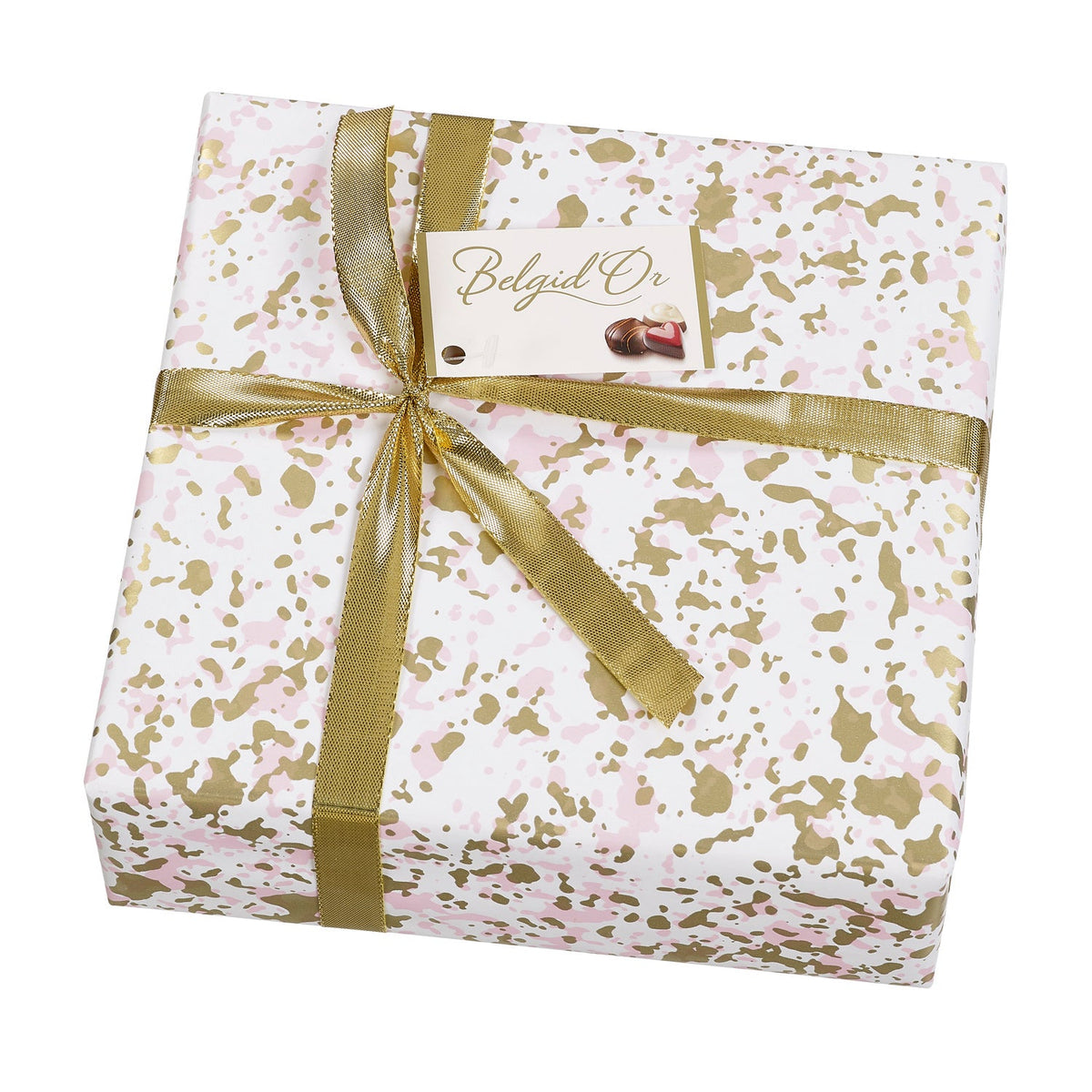 Assorted Belgian chocolates in a splatter design gift-wrapped ballotin by Jag Couture London - New York, elegant and colorful presentation.