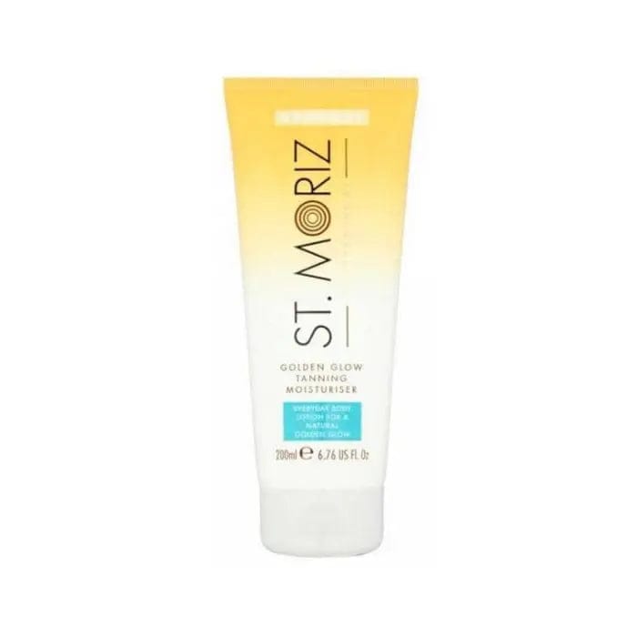 Jag Couture London New York St. Moriz Golden Glow Tanning Moisturiser 200ml jar with golden label and pump dispenser.