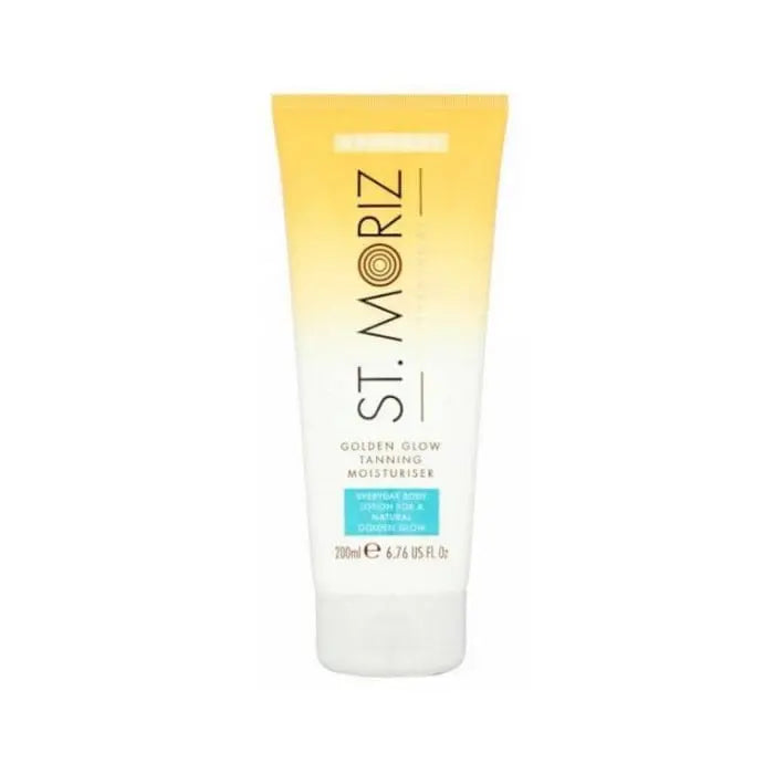 Jag Couture London New York St. Moriz Golden Glow Tanning Moisturiser 200ml bottle with gold accents and smooth packaging.