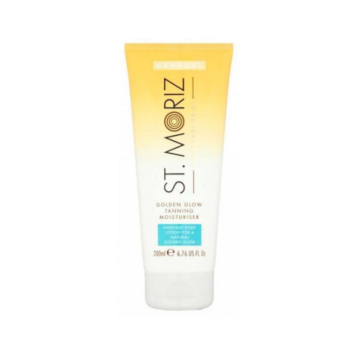 St. Moriz Golden Glow Tanning Moisturiser from Jag Couture London New York, 200ml bottle with golden accents and creamy texture.