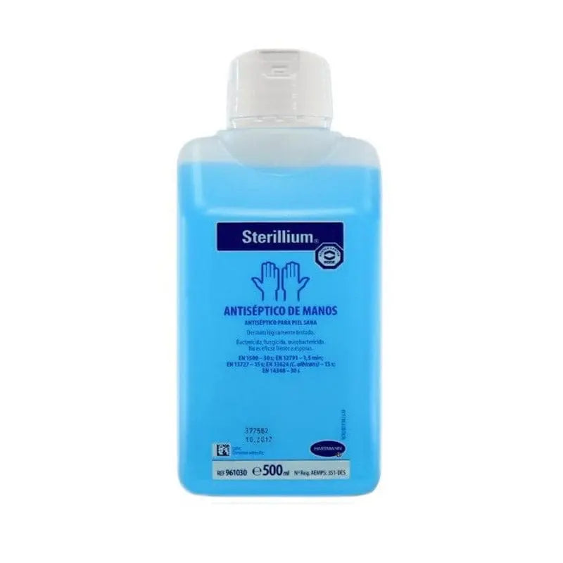 Sterillium antiseptic hand solution 500ml bottle by Jag Couture London - New York, clear liquid in transparent pump bottle