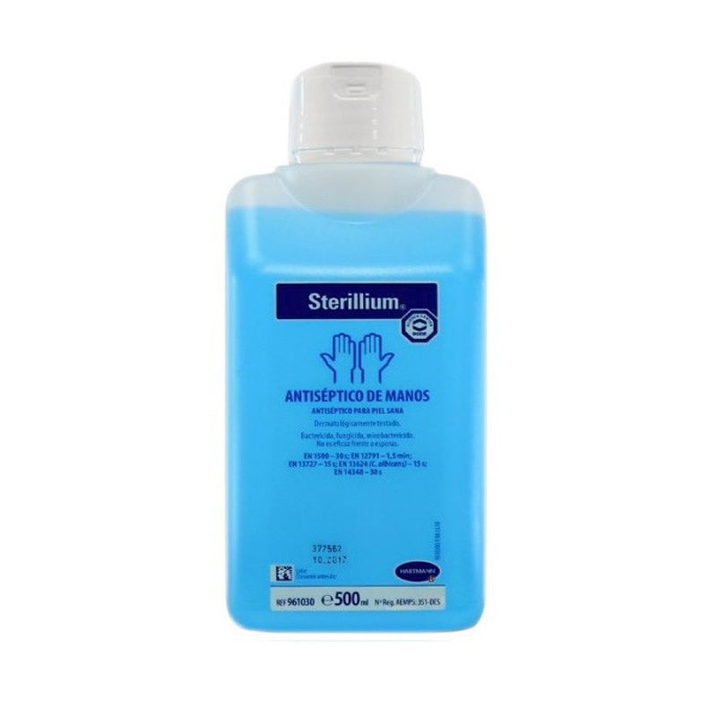 Sterillium antiseptic hand sanitizer solution in a 500ml bottle, with clear labeling and pump dispenser, by Jag Couture London New York.