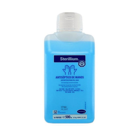 Sterillium antiseptic hand sanitizer solution in a 500ml bottle, with clear labeling and pump dispenser, by Jag Couture London New York.