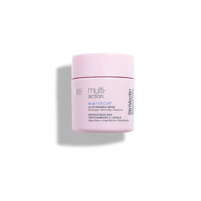 Strivectin Multiaction Blue Rescue Clay Renewal Mask 94g displayed in a jar with blue and white packaging on a clean surface.