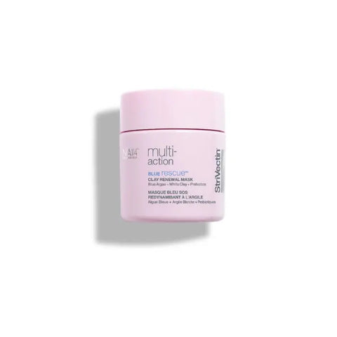 Strivectin Multiaction Blue Rescue Clay Renewal Mask 94g displayed in a jar with blue and white packaging on a clean surface.