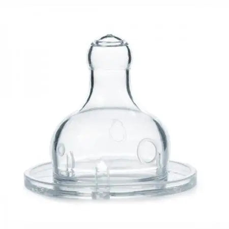 Two Suavinex silicone wide-mouth baby bottle teats with three flow positions, designed for easy feeding.
