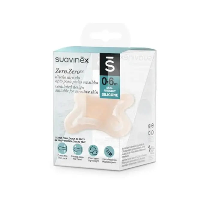 Suavinex Zero Zero Physio baby soother for 0-6 months, featuring a soft silicone nipple and ergonomic shield for comfort.
