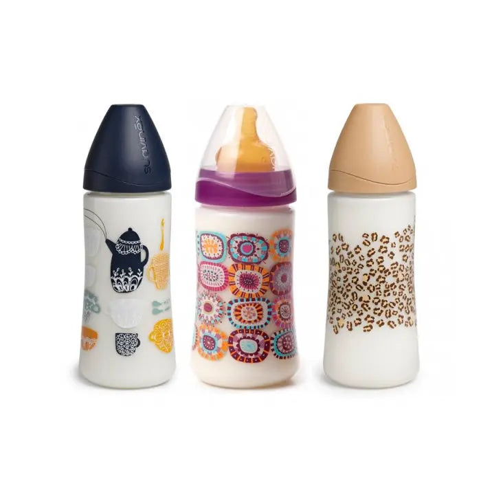 Jag Couture London - New York Suavinex wide neck baby bottle with food teat, 360ml, in clear plastic with measurement markings.