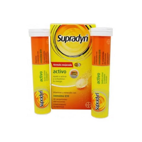 Box of Supradyn Activo 30 effervescent tablets by Jag Couture London - New York, showing the packaging and tablets.