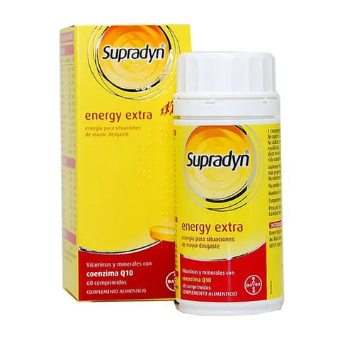 Box of Supradyn Energy Extra 60 tablets supplement by Jag Couture London New York, featuring colorful packaging and tablets inside.