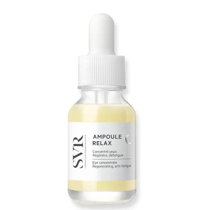 Svr Relax Concentrated Eye Ampoule for night use in 15ml jar, from Jag Couture London New York, with a sleek cosmetic container.