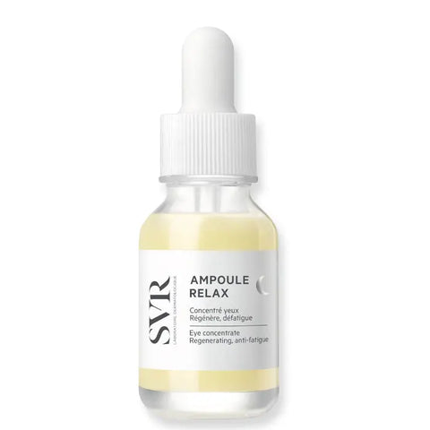 Svr Relax Concentrated Eye Ampoule for night use in 15ml jar, from Jag Couture London New York, with a sleek cosmetic container.
