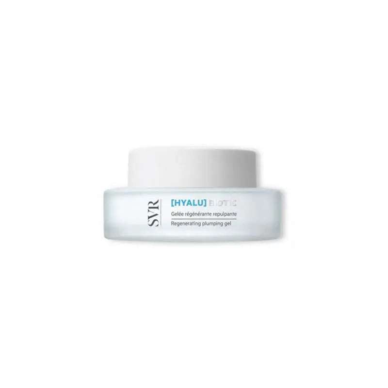 Jag Couture London New York Svr Biotic Hyalu Regenerating Plumping Gel 50ml, clear gel in a sleek jar with a silver lid.
