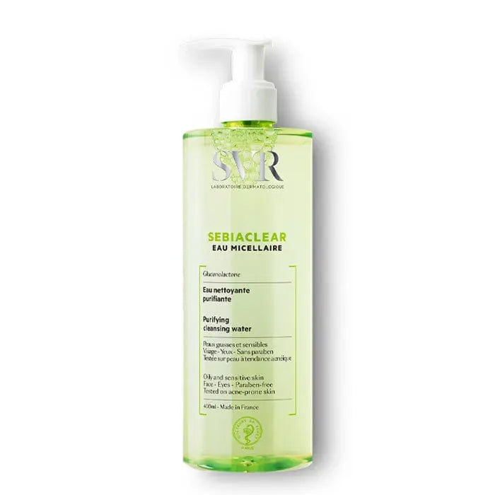 Svr Sebiaclear Eau Micellaire 400ml bottle, skincare product with clear liquid, labeled packaging from Jag Couture London New York
