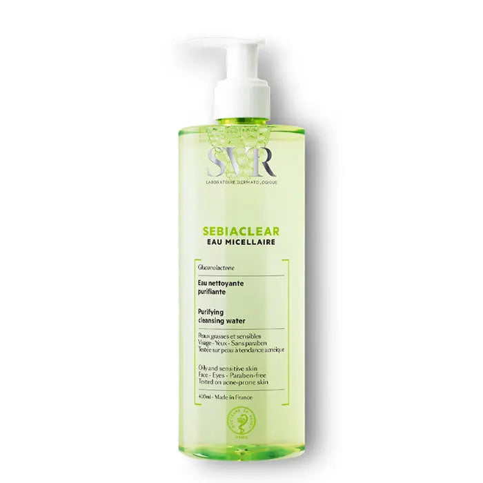 Svr Sebiaclear Eau Micellaire 400ml bottle, gentle facial cleansing water by Jag Couture London New York.