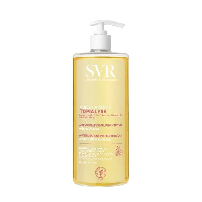 Jag Couture London New York Svr Topialyse Cleansing Oil 1000ml bottle, gentle skincare product with a sleek design.