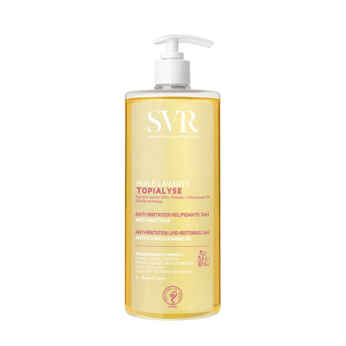Jag Couture London New York Svr Topialyse Cleansing Oil 1000ml bottle, clear liquid with pump dispenser for gentle skin cleansing.