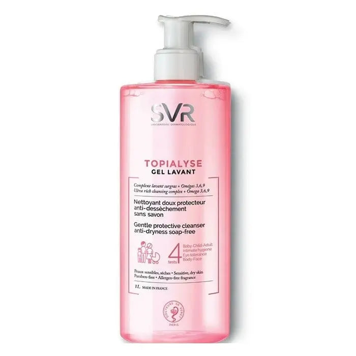 Jag Couture London New York Svr Topialyse Gel Lavant 1000ml in a pump bottle, gentle cleansing gel for sensitive skin.