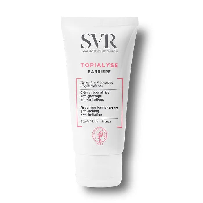 Svr Topialyse Repairing Barrier Cream tube showing the 50ml size, designed to soothe and protect irritated skin.