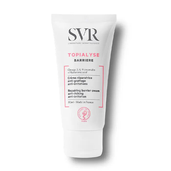 Svr Topialyse Repairing Barrier Anti-Irritation Cream 50ml, a soothing skincare product in a white tube with blue accents.