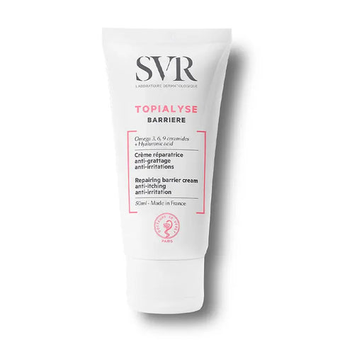 Svr Topialyse Repairing Barrier Anti-Irritation Cream 50ml, a soothing skincare product in a white tube with blue accents.