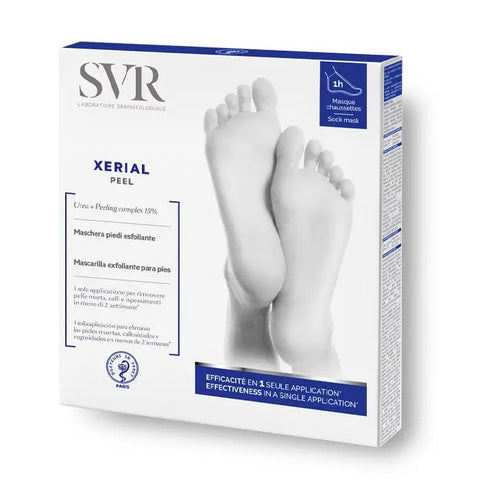 Svr Xérial Peel Mask exfoliating foot mask by Jag Couture London, showing two 20ml tubes with brand labeling and product details.