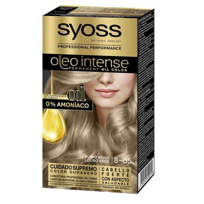 Syoss Oleo Intense permanent hair color in shade 8-05 Beige Blonde, shown in a tube with blonde hair sample.