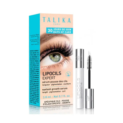 Talika Lipocils Expert eyelash growth serum in 3.8ml tube, with mascara brush applicator, displayed against a neutral background.