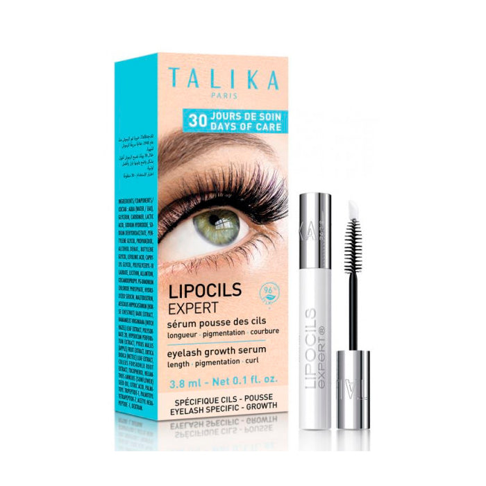 Talika Lipocils Expert eyelash growth serum in 3.8ml bottle, with natural ingredients and applicator brush for fuller lashes.