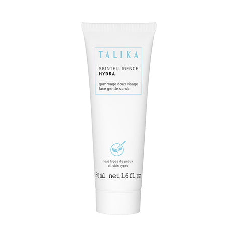 Talika Moisturising Gentle Scrub Skinelligence Hydra in a 50ml tube, shown with creamy texture and exfoliating particles.