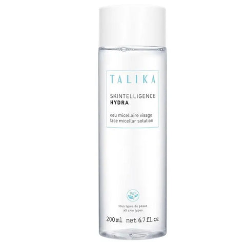 Talika Skintelligence Hydra Moisturising Micellar Solution 200ml bottle with clear liquid and minimalist label, on a plain background.