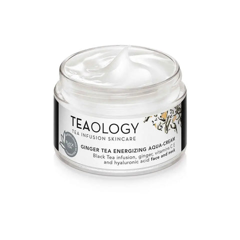 Teaology Ginger Tea Energizing Aqua-cream in a 50ml jar, with fresh ginger and vibrant packaging, designed for revitalizing skin.