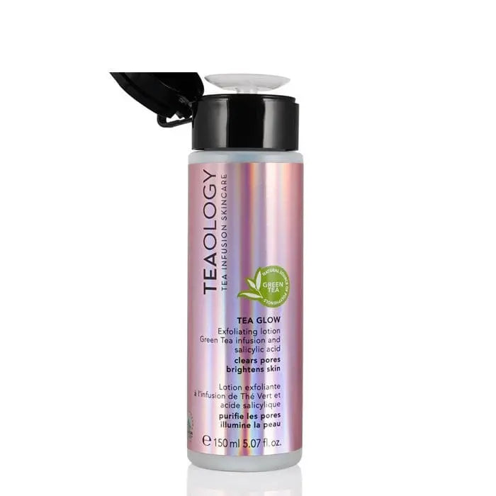 Teaology Tea Glow exfoliating lotion by Jag Couture London, 150ml bottle with a sleek packaging design.