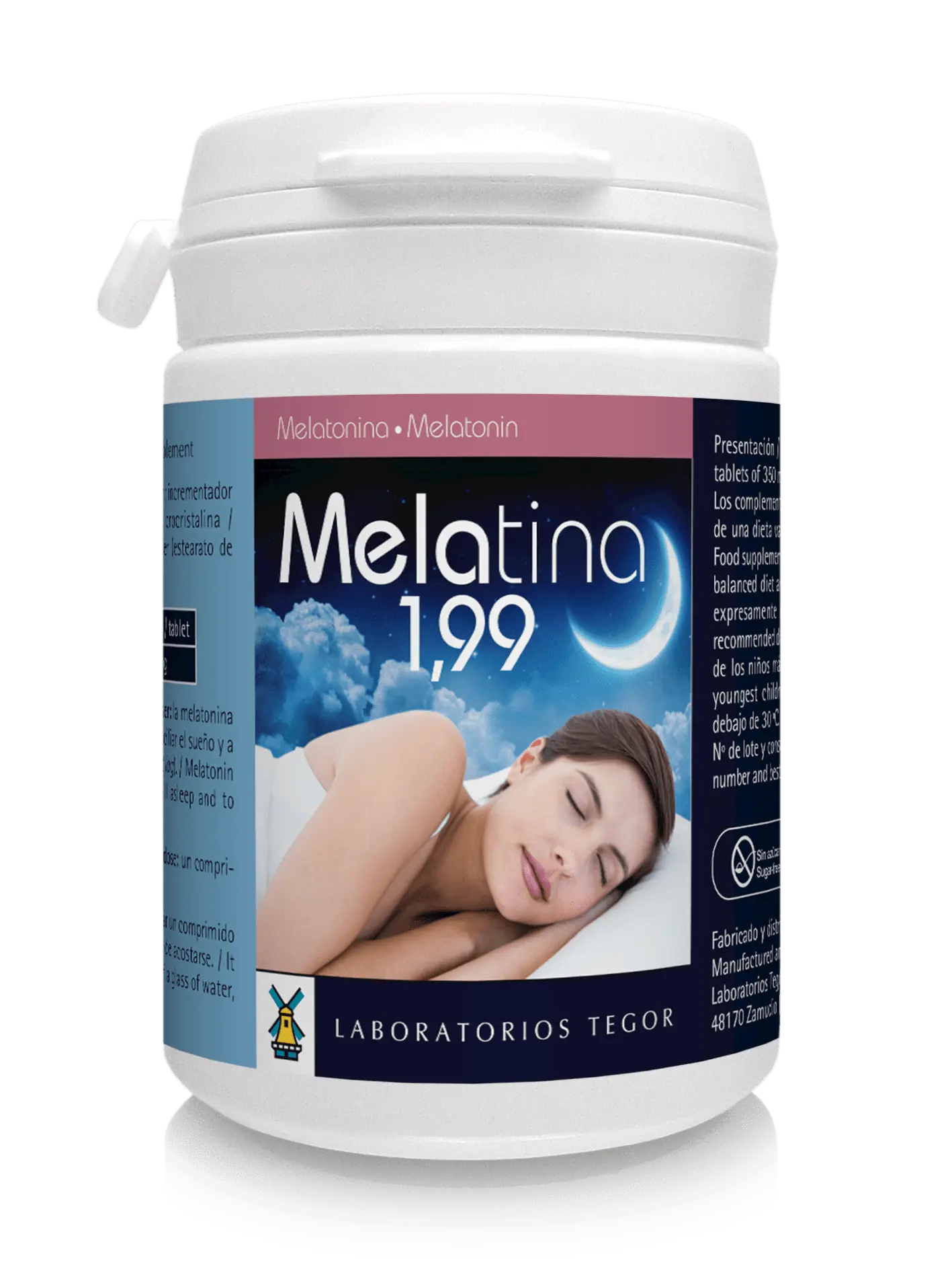 Tegor Melatina 1.99 by Jag Couture London New York, 60 compressed tablets displayed in a clear container on a white background.