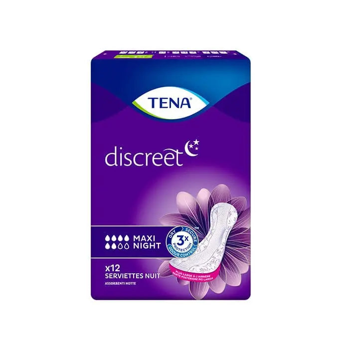 Jag Couture London New York Tena Discreet Maxi Night incontinence pad, 12-count, with absorbent, discreet design for overnight protection.
