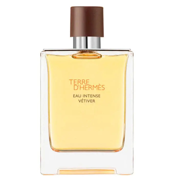 Terre D'Hermès Eau Intense Vetiver spray 50ml bottle, elegant design, available in a sleek glass bottle with a textured cap.