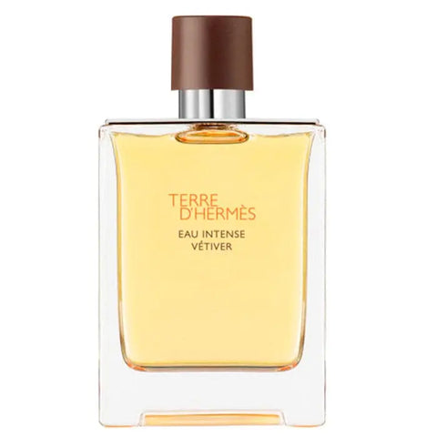 Terre D’Hermès Eau Intense Vetiver spray 50ml displayed in a sleek bottle with a minimalist design, on a neutral background.