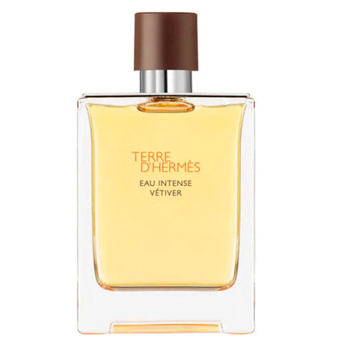 Terre D'Hermès Eau Intense Vetiver spray 50ml, showing the sleek glass bottle with a textured cap, on a neutral background.