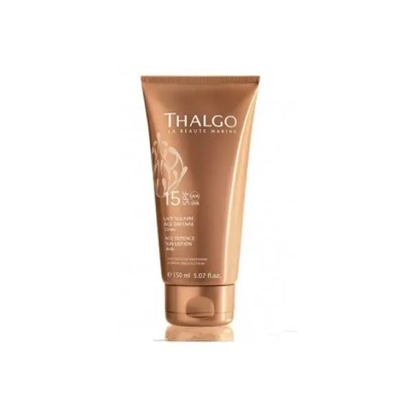 Thalgo Age Defense Sun Lotion SPF 15 in 150ml bottle, with smooth lotion texture, displayed with branding details.