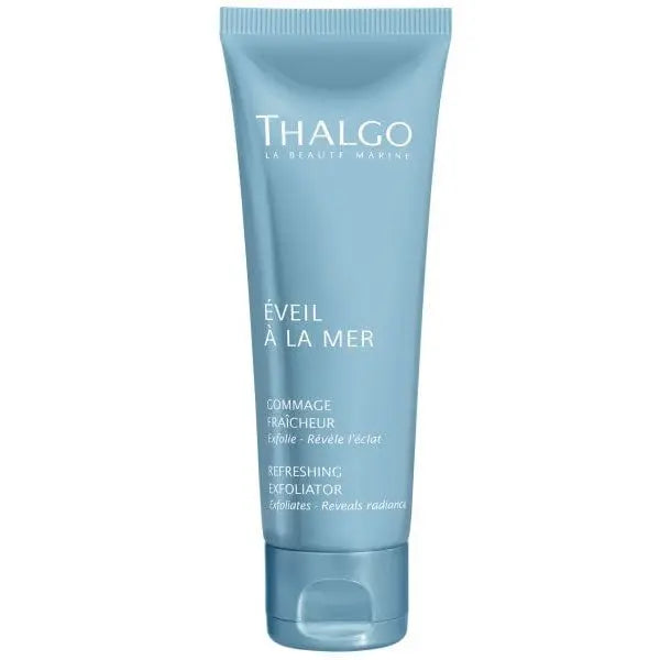 Thalgo Eveil À La Mer Refreshing Exfoliator 50ml with textured surface and sleek packaging, displayed on a neutral background.