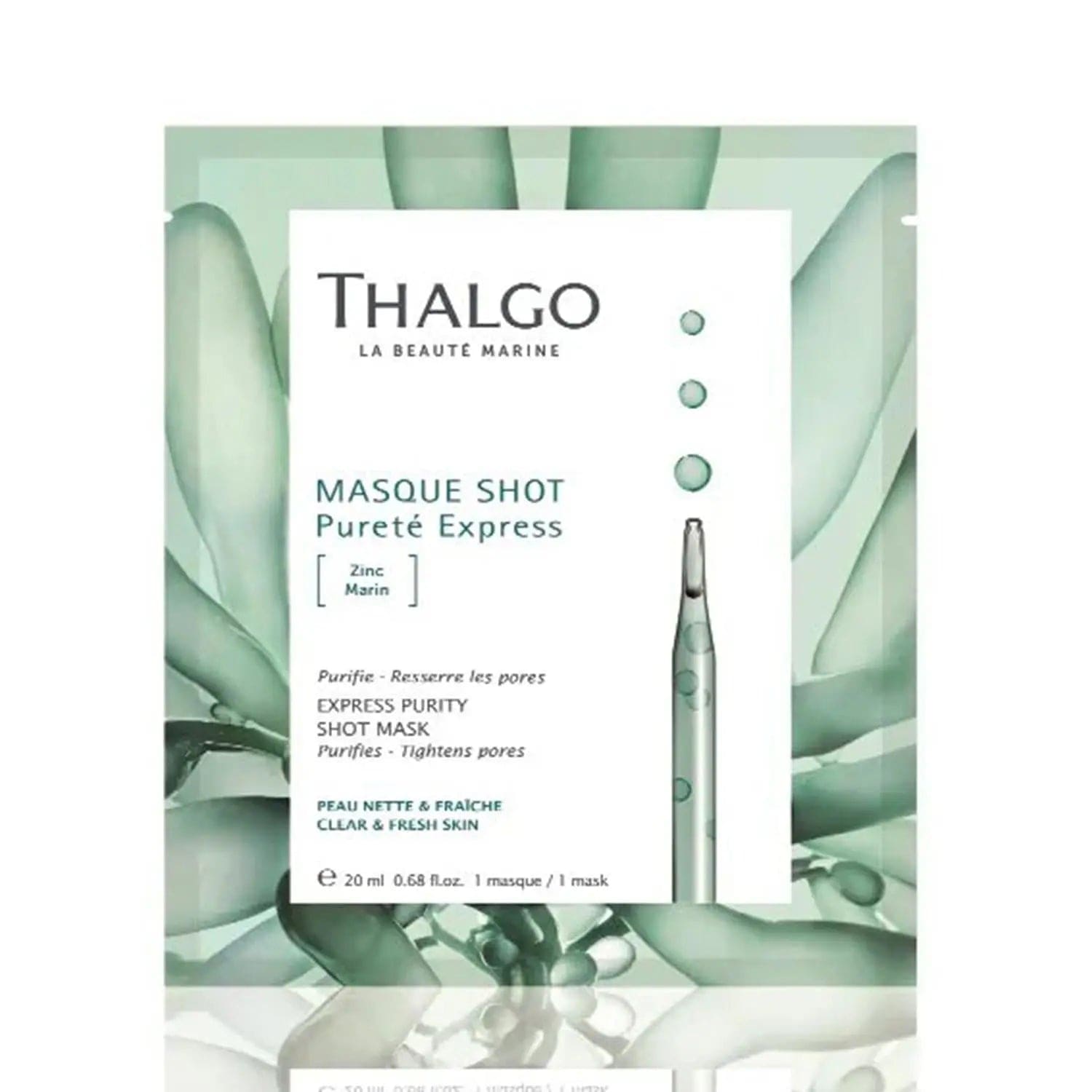 Thalgo Express Purity Tratamiento Unidosis Shot Mask in a 20ml tube, designed for deep cleansing and skin purification.