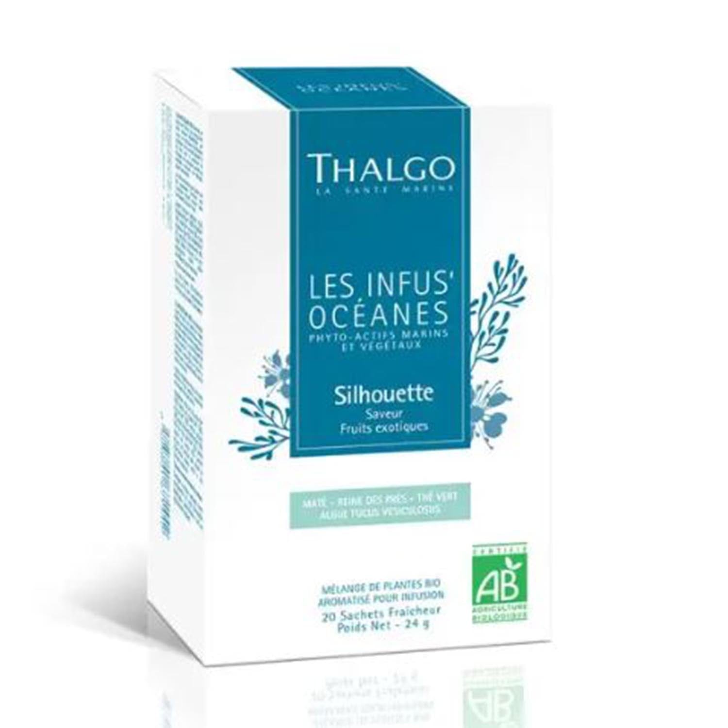 Thalgo Les Infus Oceanes Shilhouette Saquitosl Infusion Pack with 20 sachets, natural herbal infusions for wellness and relaxation.