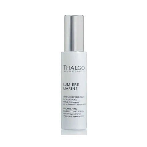 Thalgo Lumière Marine Brightening Correcting Serum 30ml bottle with a sleek design, showcasing the skincare product in a clear container.