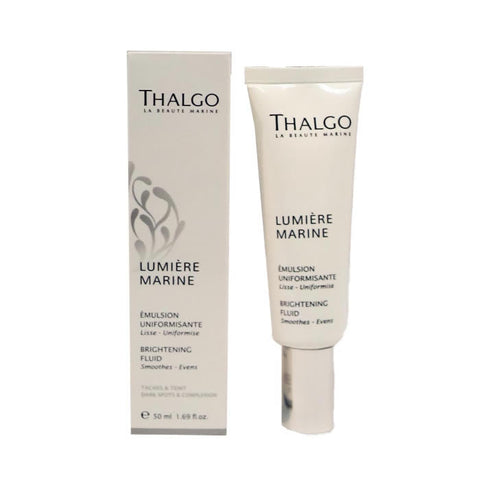 Thalgo Lumière Marine Brightening Fluid 50ml bottle, smooth texture, with a sleek blue and white packaging design.