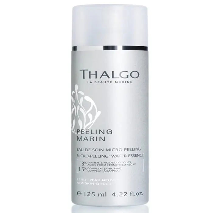 Thalgo Micro-Peeling Water Essence 125ml bottle with clear liquid and elegant packaging, displayed on a neutral background.