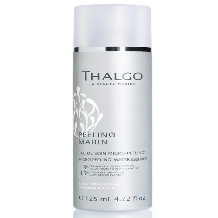 Thalgo Micro-Peeling Water Essence 125ml bottle with clear label, featuring a sleek, modern design on a white background.
