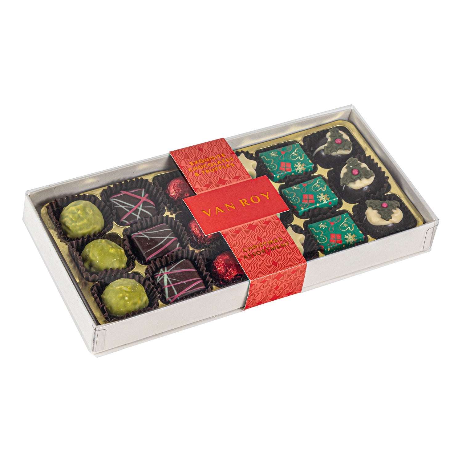 Assorted chocolates from Jag Couture London - New York Christmas collection in a grey base box with a clear cello lid.