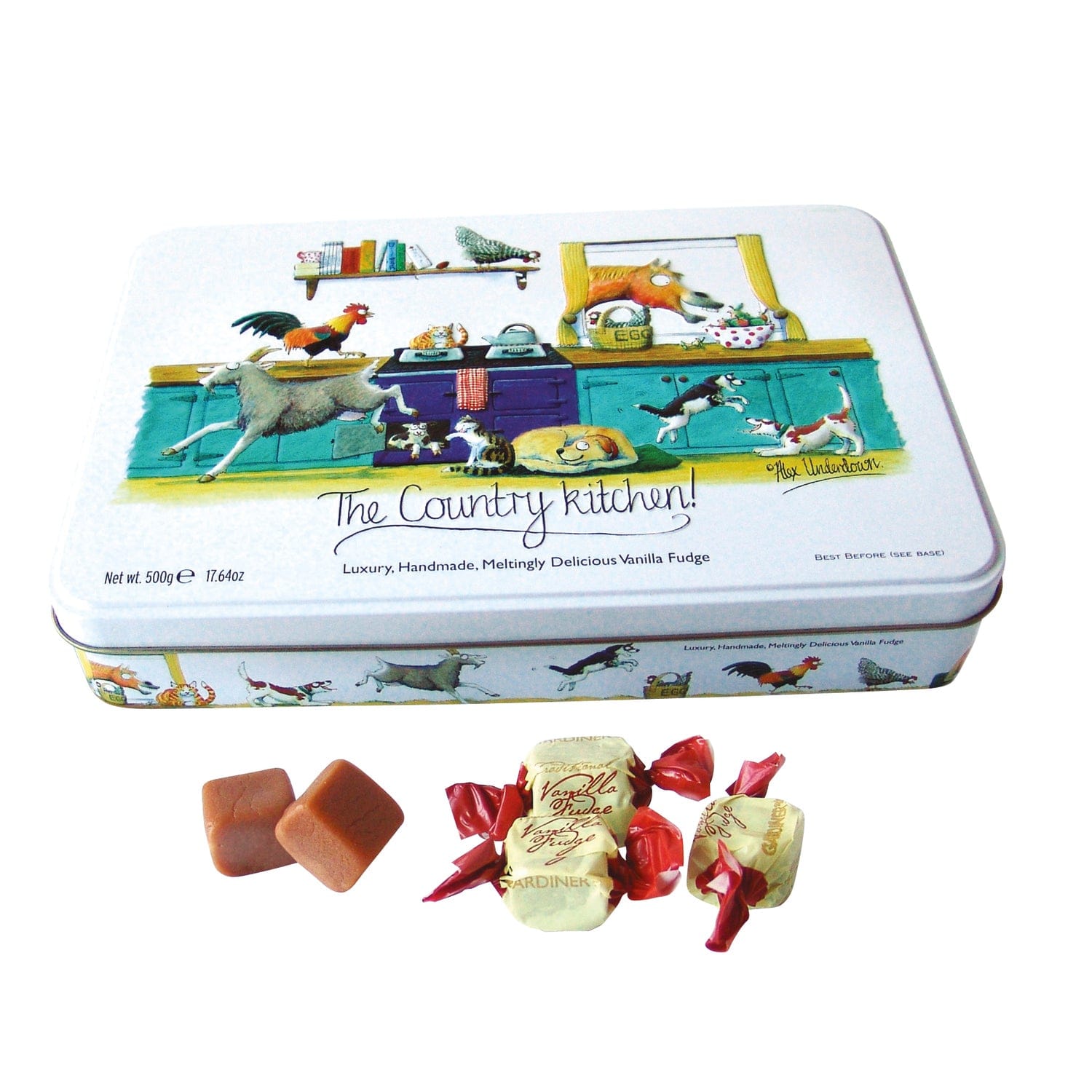 Tin of vanilla fudge from The Country Kitchen by Jag Couture London - New York, showcasing the decorative packaging.