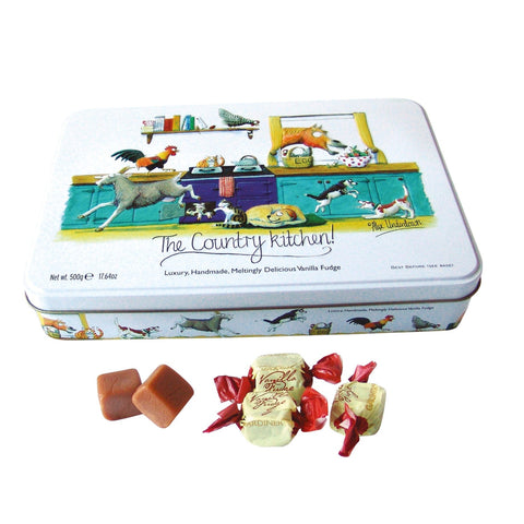 Tin of vanilla fudge from The Country Kitchen by Jag Couture London New York, showing a decorative metal container with fudge inside.