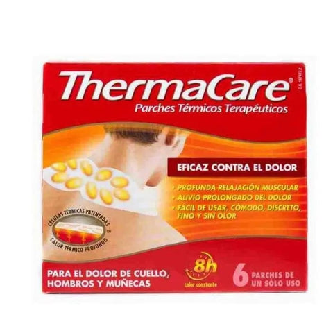 Jag Couture London Thermacare thermal patches for neck and shoulders, shown in a box of 6 units on a clean surface.